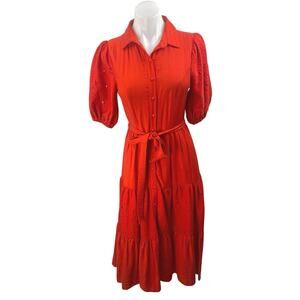 Aura Red Short Puff Sleeve Tiered Tie Waist A Line Midi Shirt Dress Size XS